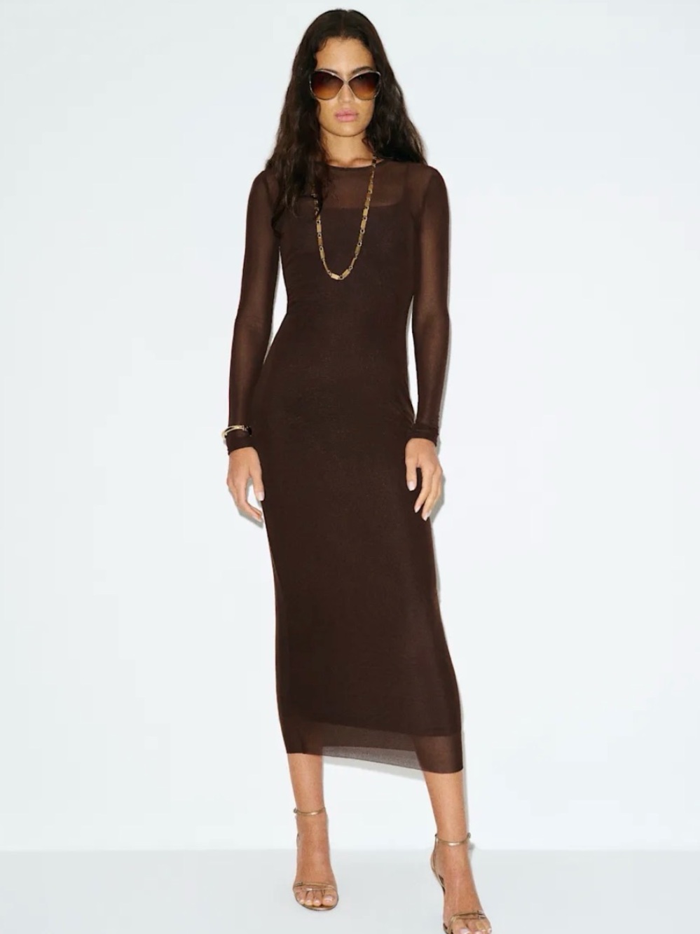 Reformation Rene Mesh Knit Dress Brown Long Sleeve Maxi Size S $198